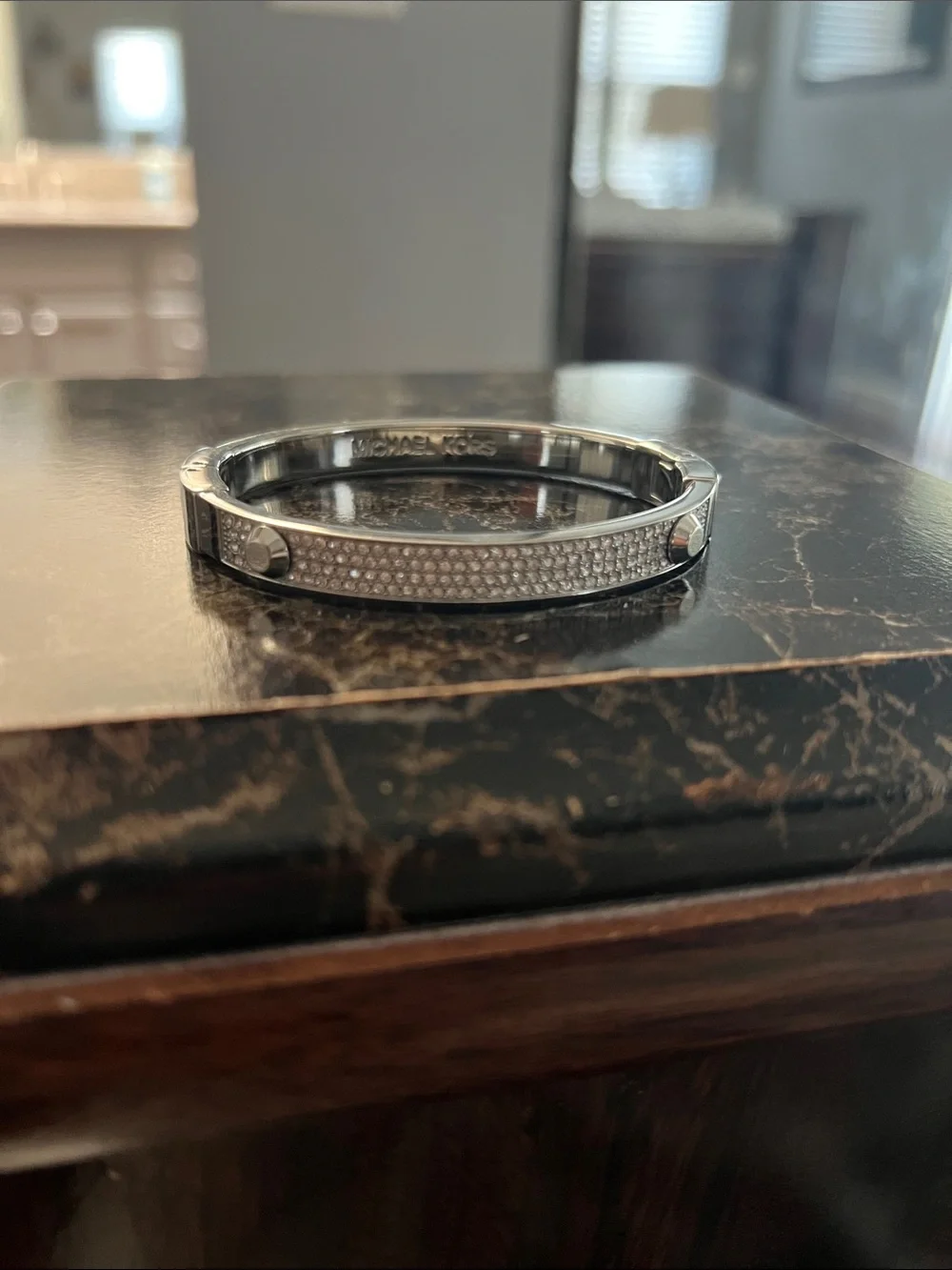 MICHAEL KORS STUD BANGLE Crystal Hinged Bangle Bracelet — Silver Tone